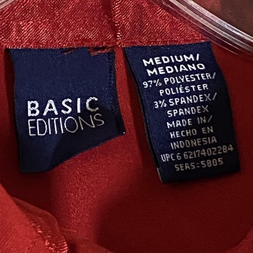 Basic Editions Shirt Womens Medium Red Button Front Long Sleeve Stretch Blouse - Picture 9 of 14